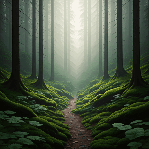 Lush atmospheric misty green forest floor with moss